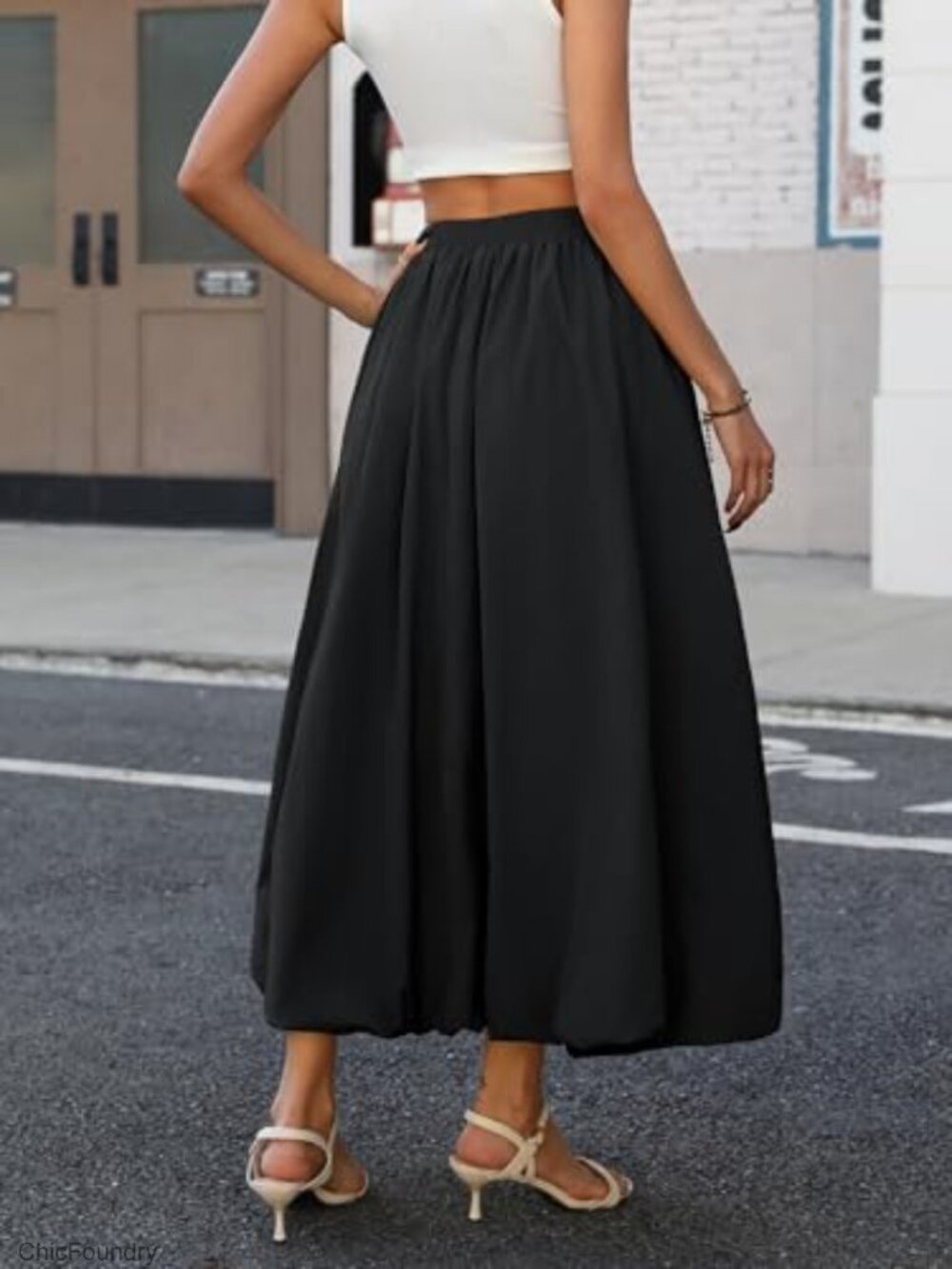Maxi Skirt with Pockets, Elastic Waist, A-Line Bubble Hem, Polyester Blend - Picture 3 of 7